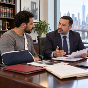 Personal injury lawyer in New York consulting with an injured accident victim